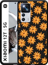 Xiaomi 12T / 12T Pro Hoesje Zwart Oranje Bloemen - Designed by Cazy