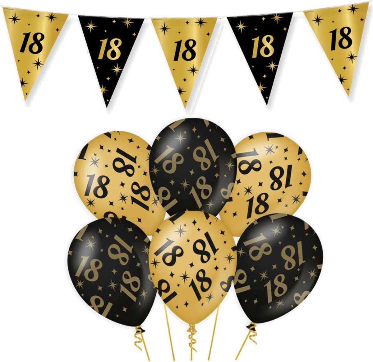 18 Jaar Verjaardag Decoratie Versiering - Feest Versiering - Vlaggenlijn - Ballonnen - Man & Vrouw - Zwart en Goud - Merkloos