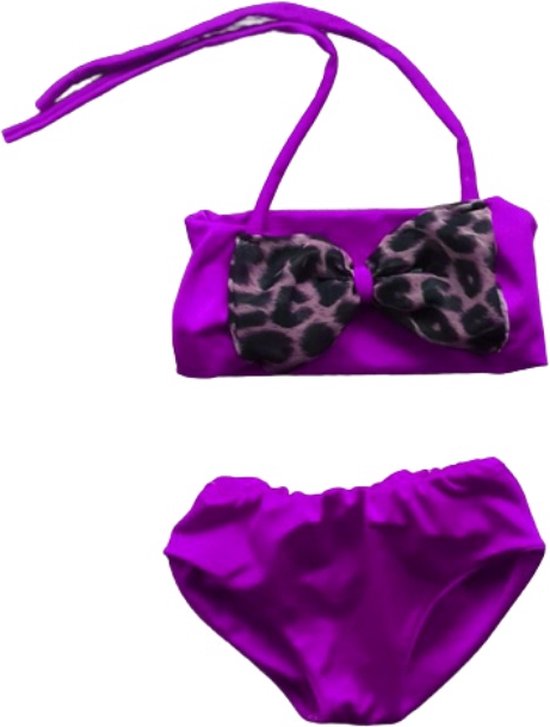 Maat 122 Bikini paars panterprint strik badkleding baby en kind zwem kleding leopard tijgerprint