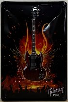 Gibson Gitaar Reclamebord van metaal 30 x 20 cm GEBOLD BORD MET RELIEF METALEN-WANDBORD - MUURPLAAT - VINTAGE - RETRO - HORECA- WANDDECORATIE -TEKSTBORD - DECORATIEBORD - RECLAMEPLAAT - WANDPLAAT - NOSTALGIE -CAFE- BAR -MANCAVE- KROEG- MAN CAVE