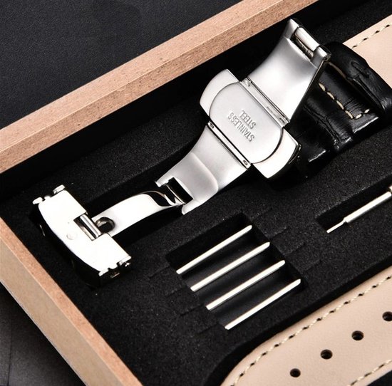 Bracelet de montre - Cuir - Boucle déployante - Avec écrin luxe - 20MM -  Zwart | bol
