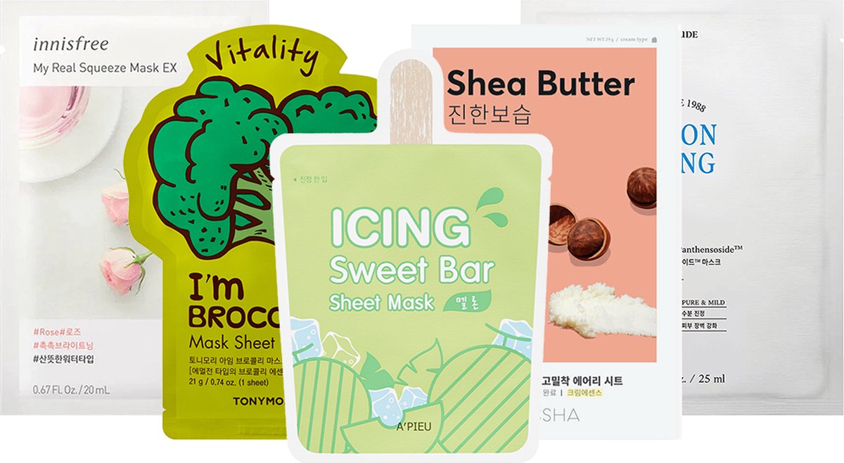 Gezichtsmasker Sheetmask Korean Sheet Mask Korean Skincare set (5 pc)