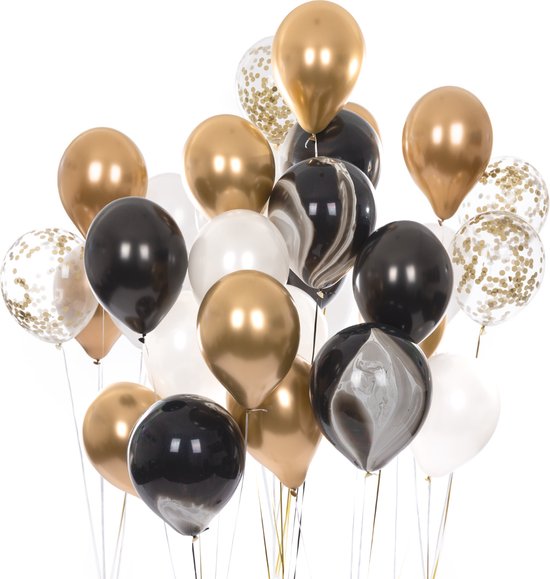 Partizzle 50x Ballonnen Zwart, Goud & Wit - Helium Geschikt - Papieren Confetti - Verjaardag Abraham Sarah - Ballonnenboog Versiering - Latex
