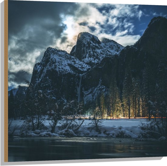 WallClassics - Hout - Lichten tussen de Bomen door - 80x80 cm - 12 mm dik - Foto op Hout (Met Ophangsysteem)