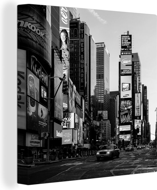 Canvas Schilderij Weergave van taxi op Times Square in zwart-wit - 50x50 cm - Wanddecoratie