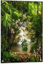 WallClassics - Tuinposter – Bamboe bij Waterval - 60x90 cm Foto op Tuinposter  (wanddecoratie voor buiten en binnen)