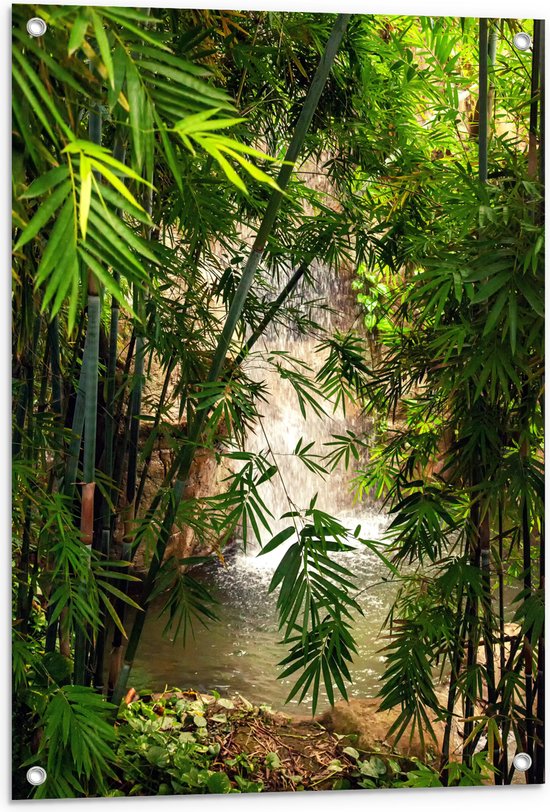WallClassics - Tuinposter – Bamboe bij Waterval - 60x80 cm Foto op Tuinposter  (wanddecoratie voor buiten en binnen)