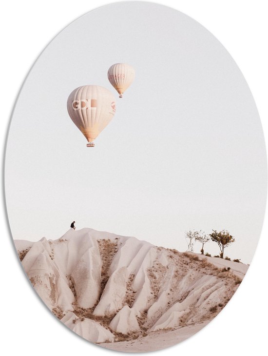 WallClassics - PVC Schuimplaat Ovaal - Twee Beige Luchtballonnen boven Beige Landschap - 81x108 cm Foto op Ovaal  (Met Ophangsysteem)