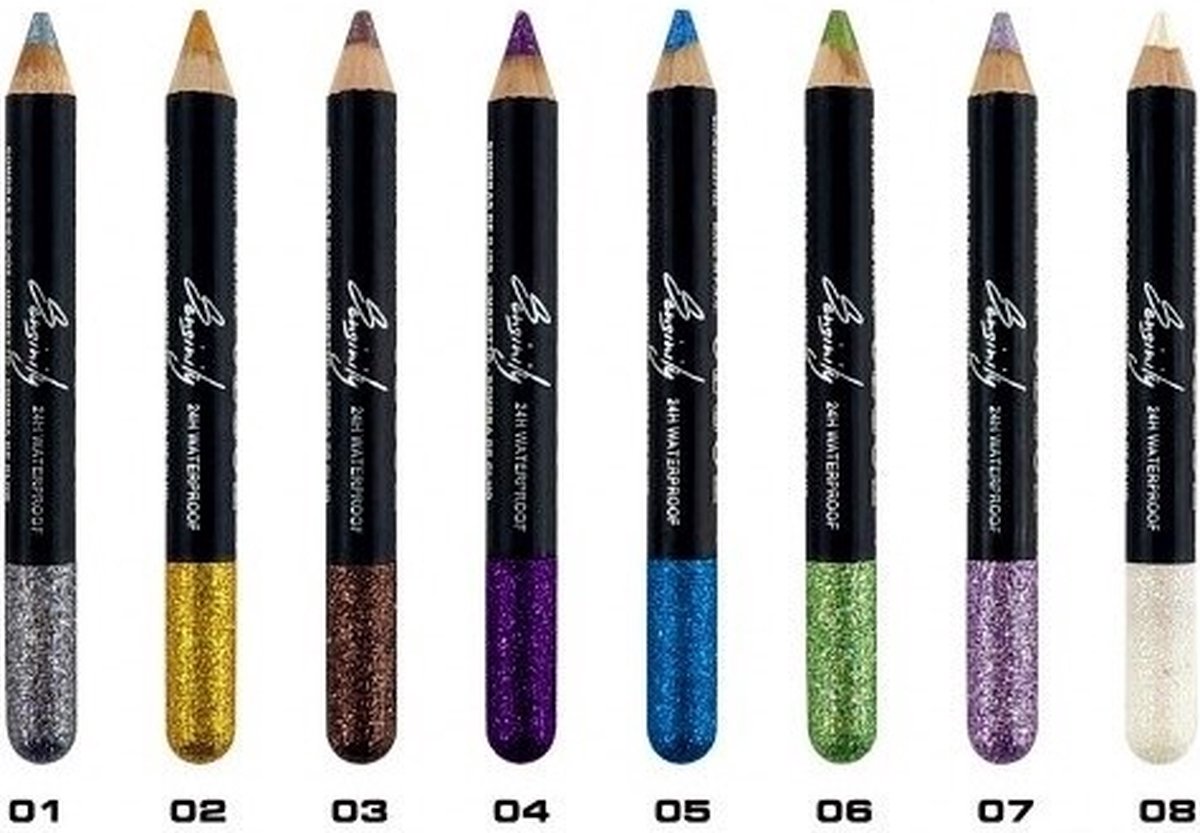 Sensinity - 8 Glitter Oogschaduw Potloden - Zilver - Goud - Bruin - Paars - Blauw - Groen - Lila Roze - Wit - Set met 8 stuks