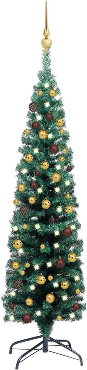 Prolenta Premium - Kunstkerstboom met LED's en kerstballen smal 120 cm groen