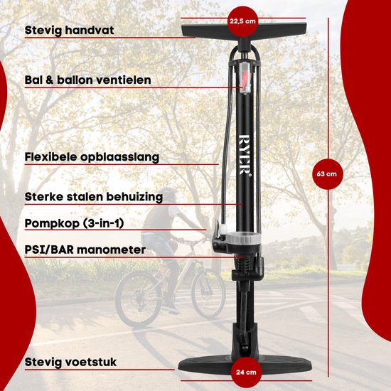 RYER Fietspomp Pro - Tot 11 bar - Met Drukmeter - Voor Fietsen, Ballen & Waterspeelgoed - Inclusief Bandenreparatieset & Adapterset — afbeelding 2