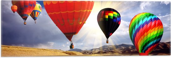 WallClassics - Vlag - Close up van Vier Luchtballonnen boven Landschap - 60x20 cm Foto op Polyester Vlag