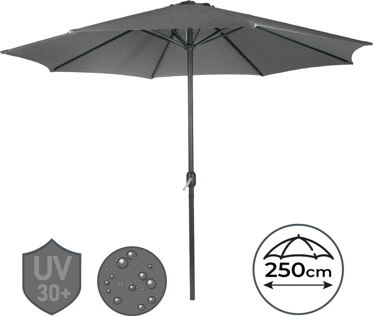 Miadomodo - Staande Parasol voor Balkon, Terras of Tuin - Diameter 250 cm - Handzwengel - Waterafstotend - Tuinparasol - Terrasparasol - Balkonparasol - Donkergrijs