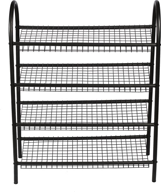 Een zwart, metalen schoenenrek met 5 roosterplanken, gefotografeerd op een witte achtergrond.