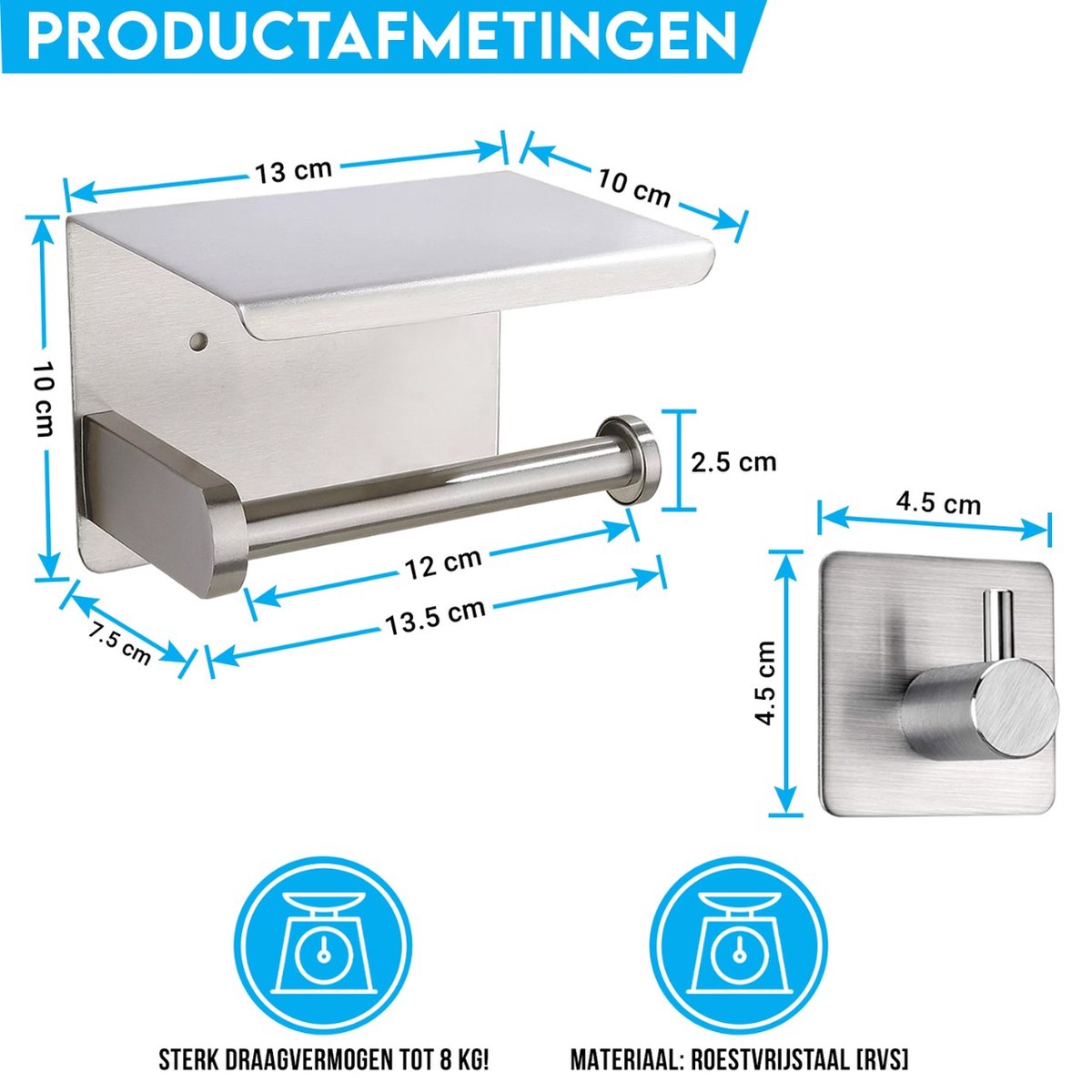 Sanics WC Rolhouder Zilver – Toiletrolhouder zonder Boren – Met Plankje ...