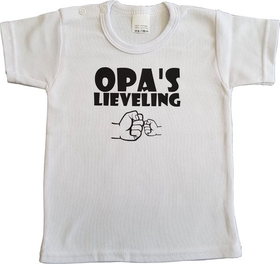 Wit baby t-shirt met "Opa's lieveling" - maat 80 - grootvader, babyshower, zwanger, cadeautje, kraamcadeau, grappig, geschenk, baby, tekst