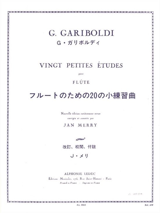 Vingt Petites Études pour Flûte par G. Gariboldi, édité par Jan Merry. Page de titre en anglais, français et japonais.