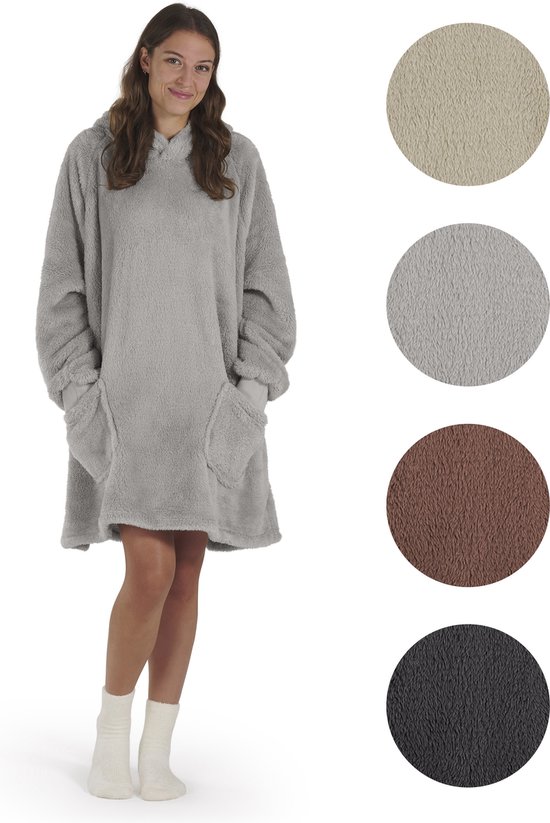 Blumtal Fleece Hoodie Deken met Mouwen - Draagbare cosy deken - hoodie deken met 2 voorzakken en capuchon - grijs