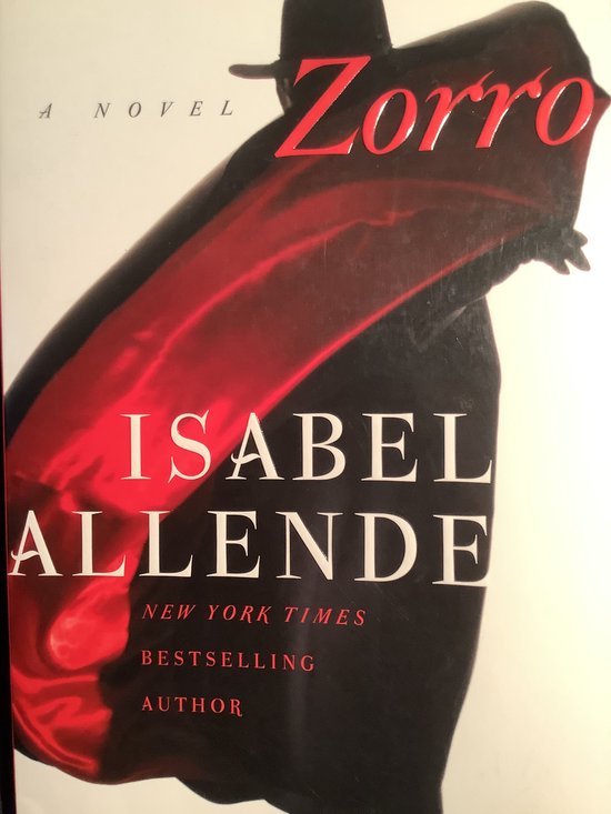 Boekcover met de titel "Zorro" in rode letters, met een zwarte mantel en rode voering.