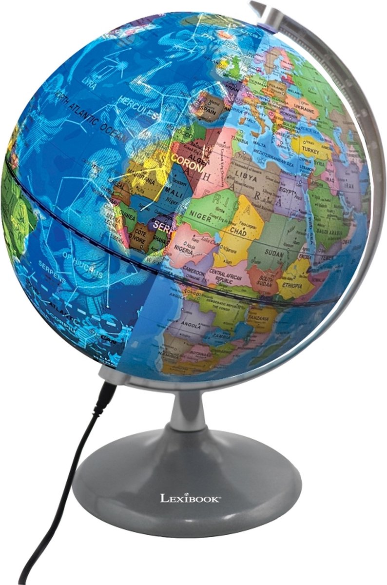 Luminous Dag- en nachtglobe – kaart van de aarde overdag en kaart van sterrenbeelden die oplichten (French)