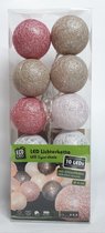 Kerstballen Snoer - Katoen - 10 Kerst Ballen - met Led Verlichting - Kerst Decoratie - 3 Kleuren - Roze /Parelmoer Ecru /Wit -Werkt op Batterijen