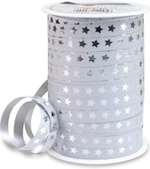 Krullint wit met zilveren sterren | Kerstlint 10mm x 100 meter