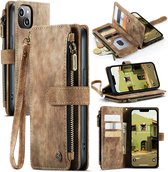 CaseMe - Telefoonhoesje geschikt voor iPhone 14 Plus - Wallet Book Case met ritssluiting - Magneetsluiting - Bruin