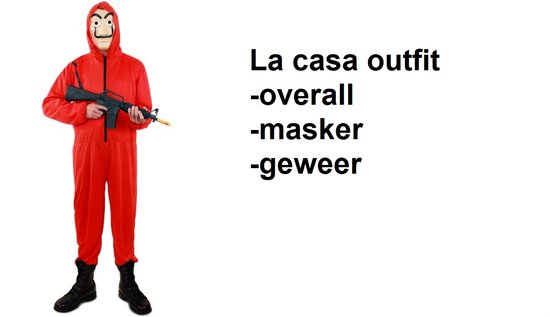 Rode overall outfit met masker L/XL + geweer - La casa de papel festival Halloween thema feest festival film