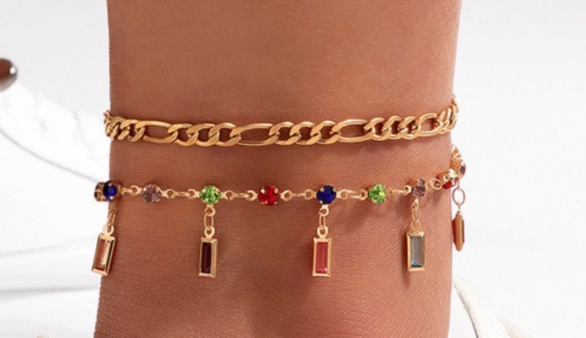 2 Enkelbandjes | chain & gekleurde steentjes | goud gekleurd