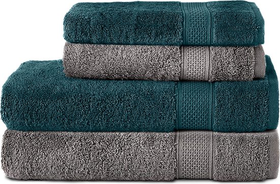 Komfortec Handdoekenset 2x handdoek 50x100 cm + 2x badhanddoek 70x140 cm - 100% Katoen - Antraciet&Petroleumblauw