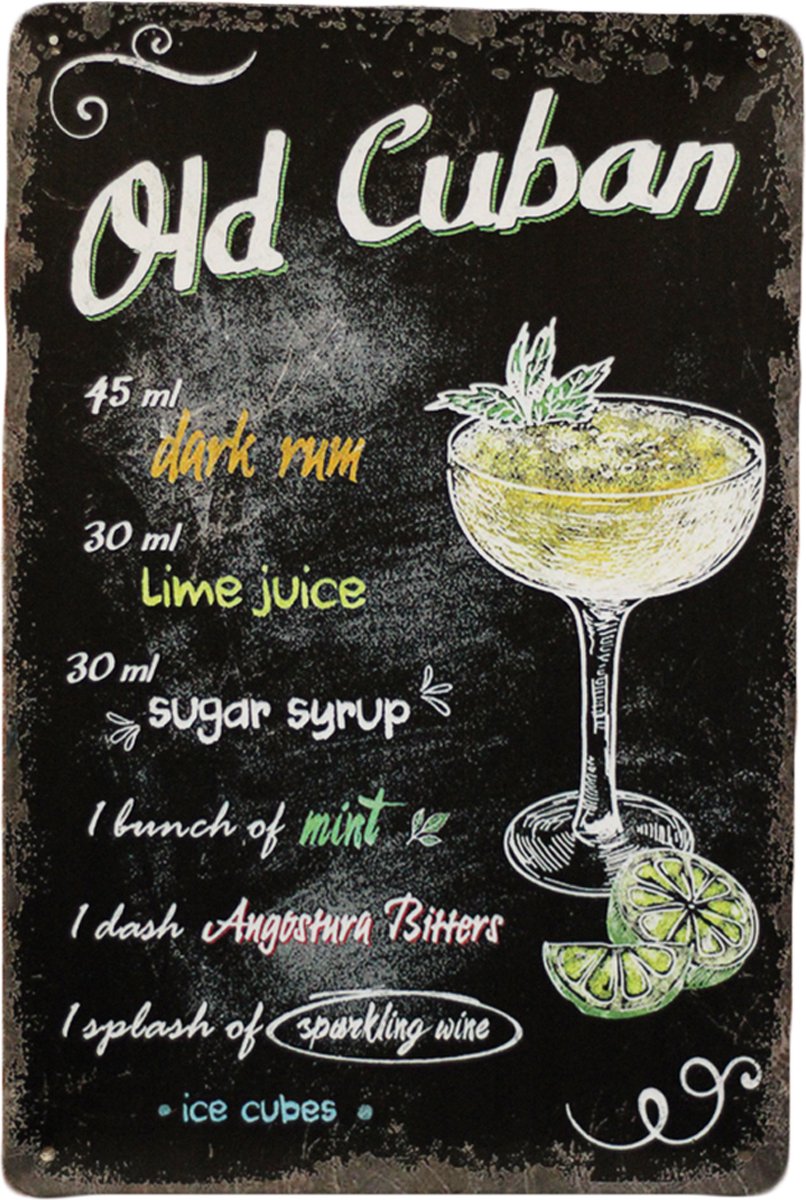Cave & Garden Wandbord - Old cuban cocktail - 20 x 30cm - Mancave - Metalen wandbord - Mancave decoratie - Muurplaat - Metal sign - Tekstborden - Bar decoratie zwart/geel