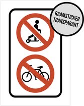 Pictogram/ sticker | 10 x 16 cm | Verboden voor steps en fietsen | Universeel | Overlast | Geen fietsen tegen het raam plaatsen | No steps | Bakfiets | Elektrische steps | Transparante folie | Raamsticker | 2 stuks