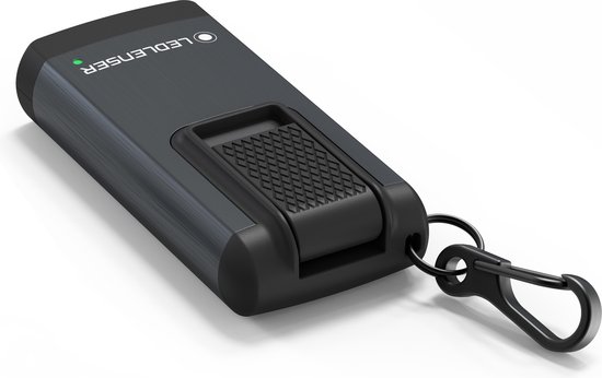 Grijze Ledlenser K6R zaklamp met een karabijnsluiting, op een witte achtergrond.