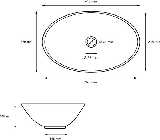Technische tekening van een ovale zwarte wasbak met afmetingen: 410 mm breed, 335 mm diep, 145 mm hoog.