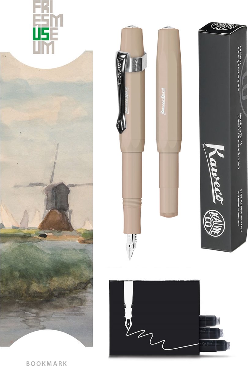 Kaweco - Vulpenset - 4delig - Vulpen Sport Skyline Macchiato Fountain Pen - Extra Fine - Nostalgic Octagonal Clip Chrome - Doosje zwarte vullingen - Bekking & Blitz Boekenlegger -nr9