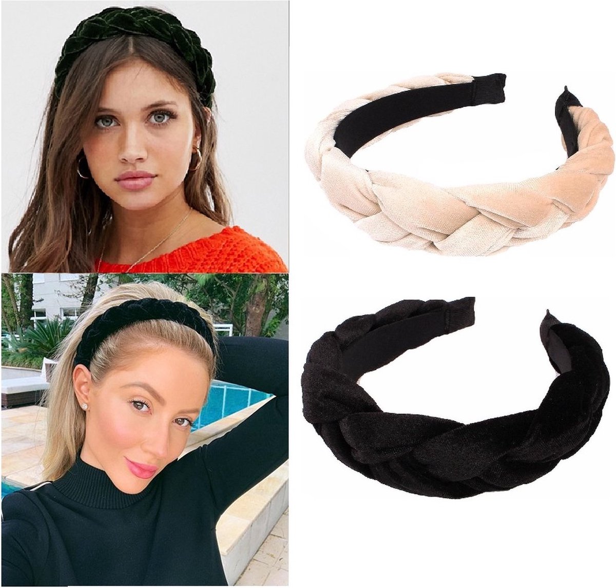Set van 2 velvet gevlochten dames diademen haarband – zwart & crème – stijlvolle haaraccessoires