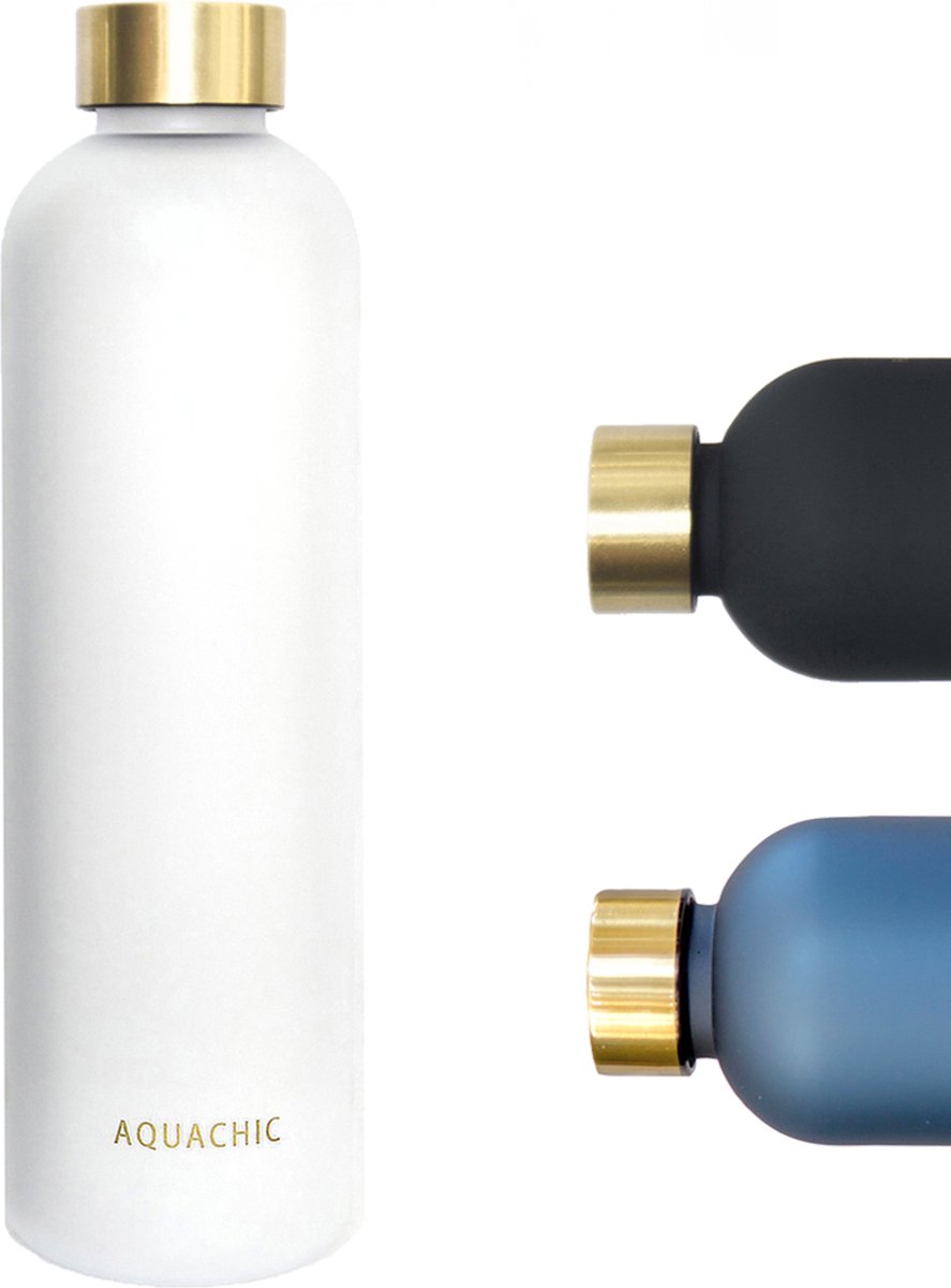 Aquachic - 1L Waterfles met 2 doppen en tijdsmarkeringen - Lekvrij & licht - Duurzaam - Nederlands merk - Drink fles / Bidon- Wit 1 liter