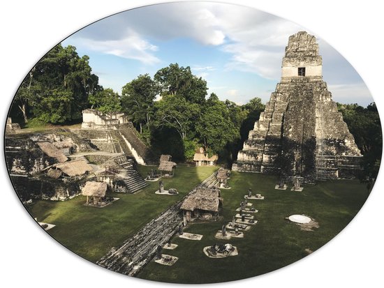 WallClassics - Dibond Ovaal - Piramide van de Grote Jaguar - Guatemala  - 80x60 cm Foto op Ovaal (Met Ophangsysteem)
