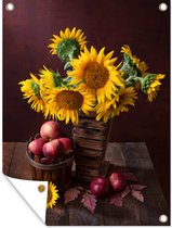 Tuinschilderij Zonnebloemen - Appel - Stilleven - 60x80 cm - Tuinposter - Tuindoek - Buitenposter