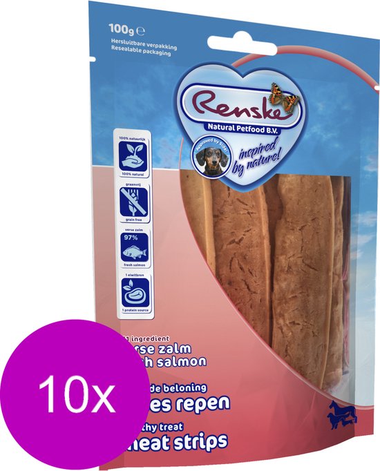 10x Renske Gezonde Beloning Vleesstrips Zalm 100 gr