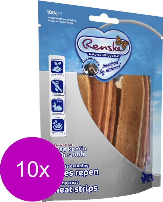 10x Renske Gezonde Beloning Vleesstrips Konijn 100 gr