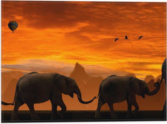 WallClassics - Drapeau - Parade d'éléphants au coucher du soleil - 40x30 cm Photo sur Drapeau Polyester