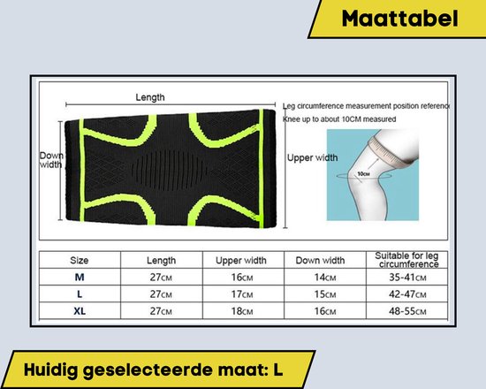 Maattabel voor zwarte kniebrace met neongroene accenten en een schematische uitleg.