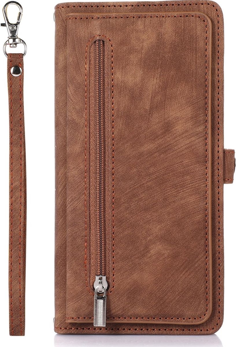 Mobigear Telefoonhoesje geschikt voor Apple iPhone 14 Hoesje | Mobigear Zipper Bookcase Portemonnee | Pasjeshouder voor 3 Pasjes | Telefoonhoesje voor Pinpas / OV Kaart / Rijbewijs - Bruin