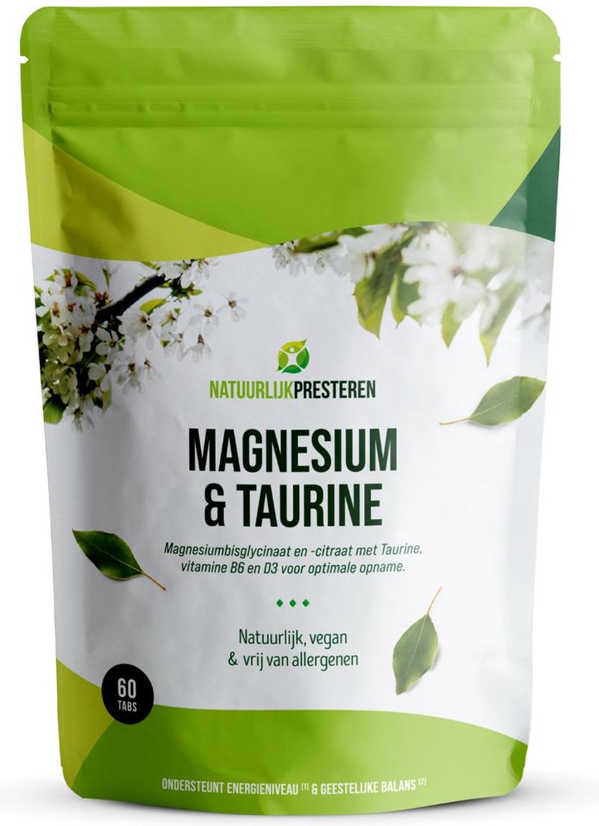 Goedkoopste Magnesium & Taurine - Supplement met Magnesium bisglycinaat, taurine, actief vitamine D3 en B6 - Uniek opname-booster complex - 60 tabs