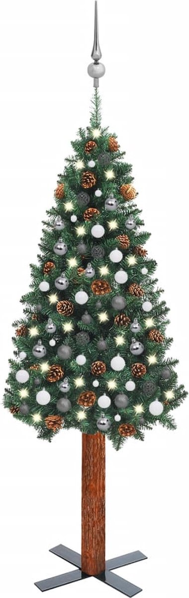 Prolenta Premium - Kunstkerstboom met LED's en kerstballen smal 210 cm PVC groen