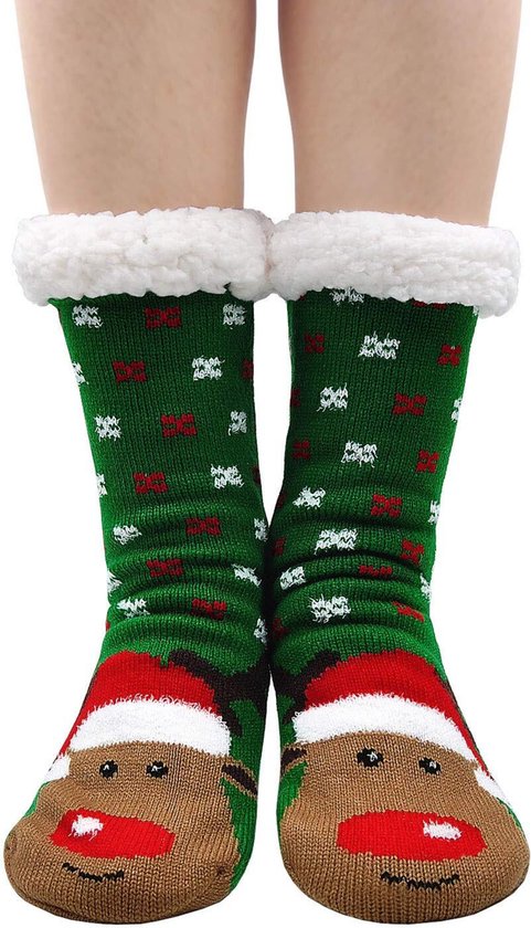 Foto: Jaxy huissokken dames verwarmde sokken anti slip sokken huissokken bedsokken warme sokken kerstcadeau voor vrouwen thermosokken dikke sokken fluffy sokken kerstsokken dames en heren rudolf groen