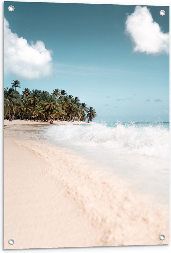 WallClassics - Tuinposter – Govlen op een Tropisch Strand - 60x80 cm Foto op Tuinposter  (wanddecoratie voor buiten en binnen)