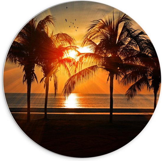 WallClassics - PVC Schuimplaat Muurcirkel - Palmbomen op het Strand bij Zonsondergang - 70x70 cm Foto op Muurcirkel (met ophangsysteem)