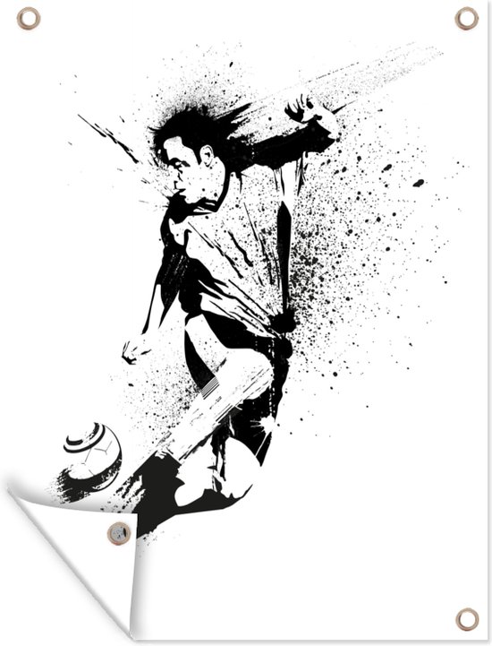 Tuinschilderij Een illustratie van een persoon die een voetbal richting doel schiet - Jongens - Jongetje - Kind - 60x80 cm - Tuinposter - Tuindoek - Buitenposter